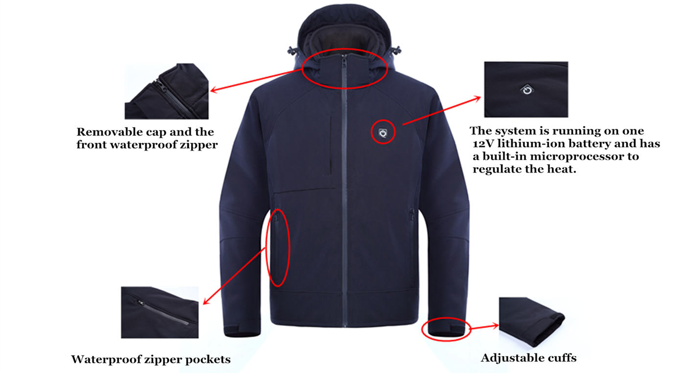 details of waterproof battery heated softshell jacket